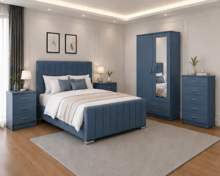 Designer King Size Bedroom Furniture Set - Two Door Wardrobe With One Mirror - Chest of Five Drawers With Two Bed Side Table