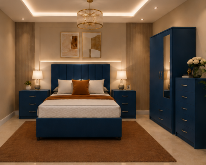 Designer Bedroom Set - king Bed - Two Door Wardrobe With Mirror And Drawer - Chest of Five Drawers - Two Bedside Tables