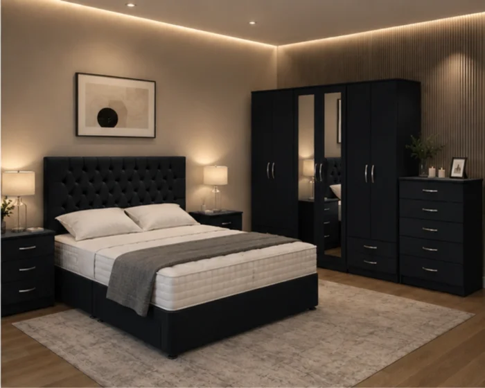 Luxury Bedroom Suite - King Bed - 6 Door Full Mirror Wardrobe - Five Drawer Chest - Two Bedside Units