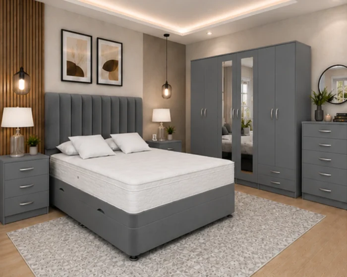 Luxury Bedroom Collection – Upholstered king Bed – Six Door Wardrobe – Tall Chest of Drawers – Two Nightstands