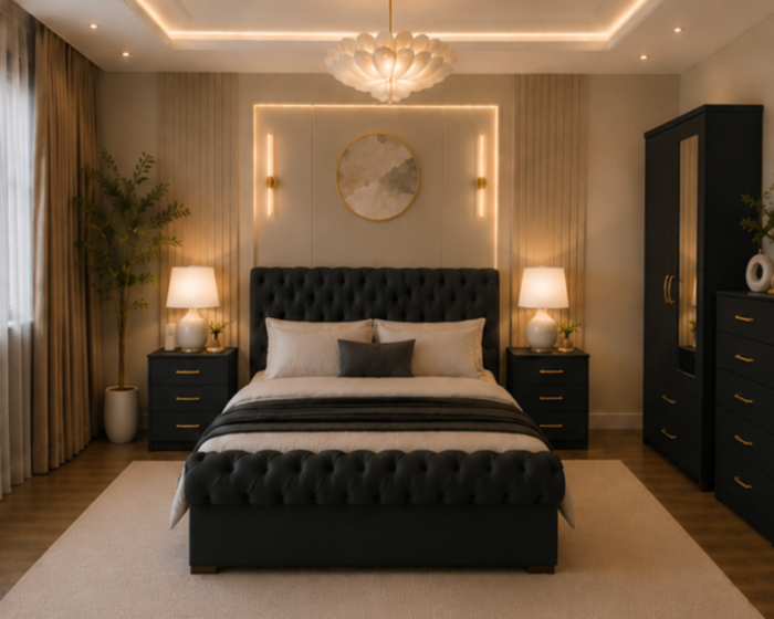 King Bed Interior Furniture Set - Two Door Mirror Wardrobe - Chest of Five Drawers - Two Bedside Tables