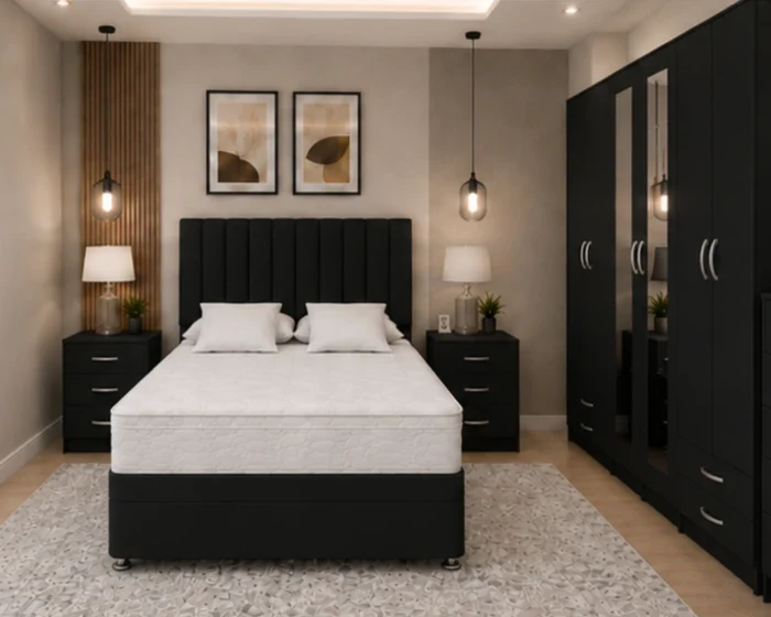 Complete King Bedroom Suite – Storage Bed – 6 Door Mirrored Wardrobe – 5 Drawer Chest – Twin Bedside Cabinets