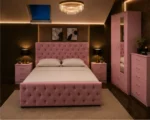 Contemporary Bedroom Suite - king Bed - 2 Door Mirror Wardrobe With Bottom Drawer - Five Drawer Chest - Bedside Table Pair