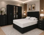 Complete King Bedroom Suite – Storage Bed – 6 Door Mirrored Wardrobe – 5 Drawer Chest – Twin Bedside Cabinets - Image 5