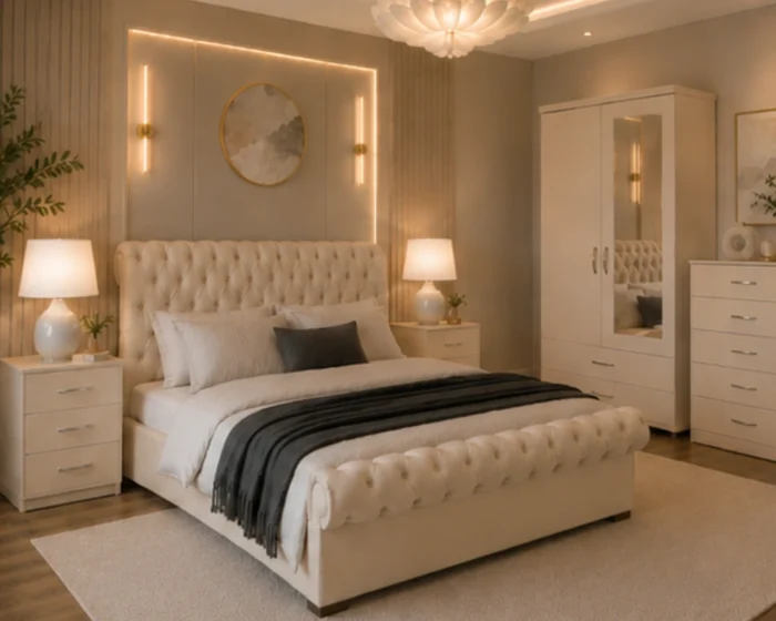 Designer Bedroom Package - King Size Bed - 2 Door Mirror Wardrobe - Five Drawer Chest - Two Bedside Tables