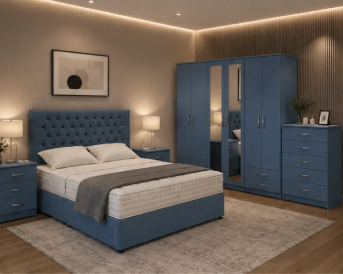 Stylish King Bed Room Set - Six Door Wardrobe - Chest of Five Drawers - Two Bedside Tables