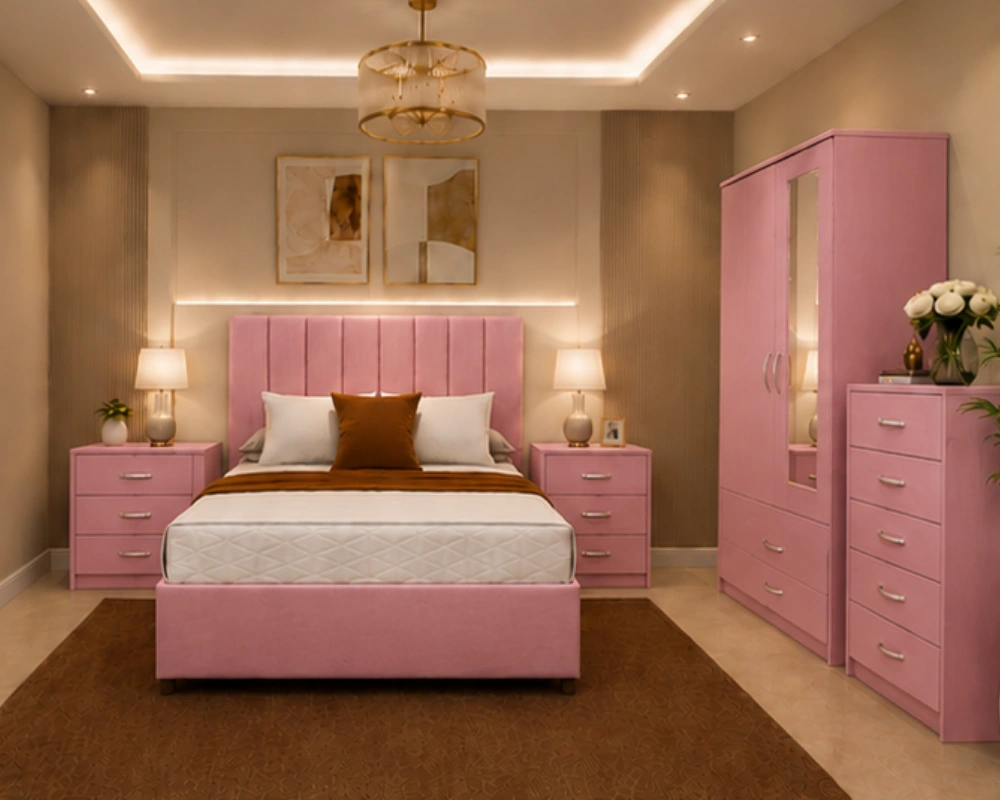 3 Modern Sophisticated Bedroom Set Complete king Bedroom Furniture Set - 2 Door Mirror Wardrobe - Five Drawer Chest - Two Bedside Tables - Image 1