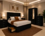 Premium king Bedroom Collection - Two Door Mirror Wardrobe With Bottom Drawer - Chest of Five Drawers - Two Bedside Tables - Image 2
