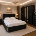 Modern king Bed Furniture Set – 6 Door Mirrored Wardrobe – 5 Drawer Chest – Pair of Bedside Cabinets