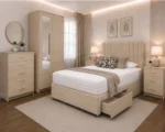 Modern Bedroom Collection - King Bed - Two Door Mirror Wardrobe With Bottom Drawer - Chest of Five Drawers - Bedside Table Pair