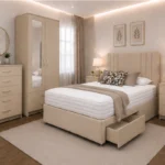 Modern Bedroom Collection - King Bed - Two Door Mirror Wardrobe With Bottom Drawer - Chest of Five Drawers - Bedside Table Pair