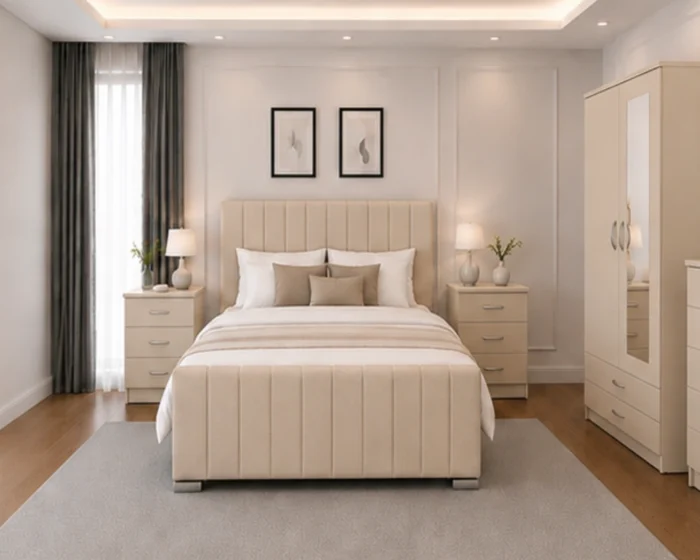 Minimalist King Size Bed Set with Two Door Wardrobe With One Mirror - Chest of Five Drawers With Two Bed Side Table