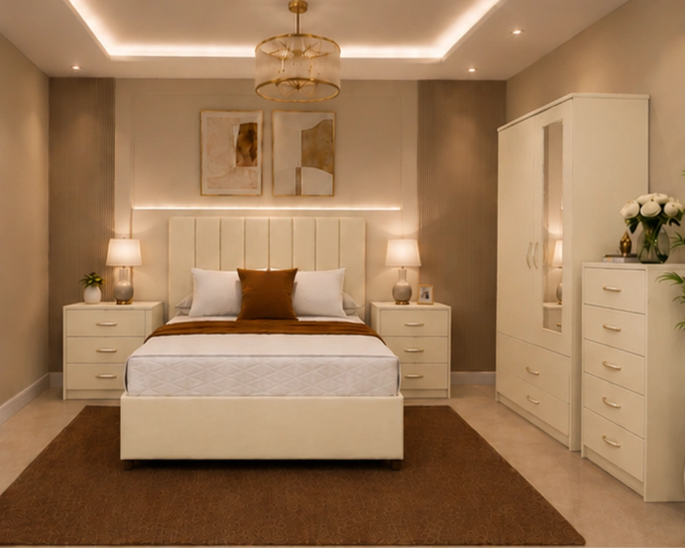6 Sophisticated Bedroom Furniture Collection Luxury Bedroom Suite - king Bed - Two Door Mirror Wardrobe With Bottom Drawer - Chest of Five Drawers - Two Bedside Units - Image 1