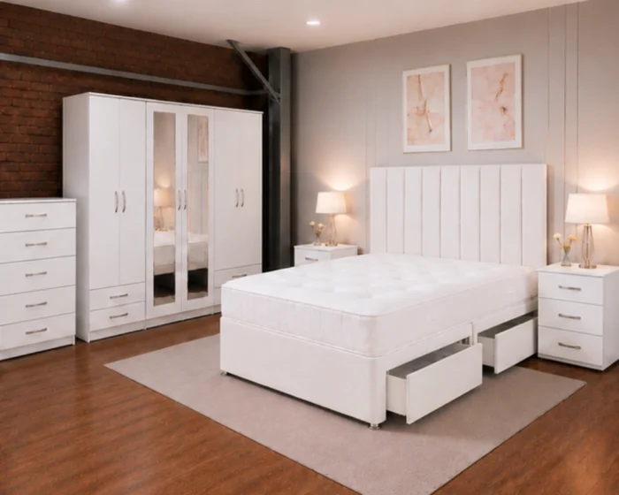 King Bed Furniture Set - Six Door Wardrobe With Four Drawer Complete White Bedroom Furniture Set – Elegant Modern Design