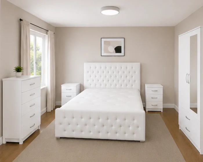 King Size Bed Room Set with Two Door Wardrobe With One Mirror  , Chest of Five Drawers & With Two Bed Side Table