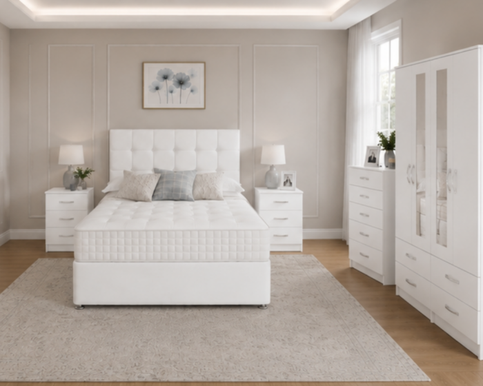 Premium  Bedroom Furniture Set – King Size Bed, Four Door Wardrobe with Four Bottom Drawers, Chest of Five Drawers & Two Bedside Tables