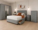 Modern King Grey Bedroom Set - Six Door Wardrobe With Full Length Mirrors - Five Drawer Chest - Two Bedside Tables