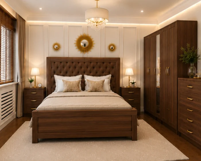 Modern Wooden King Bed With Five Door Wardrobe With One Long Mirror - Chest of Five Drawers With Two Bed Side Table