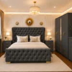 Master Bedroom King Bed Set With Five Door Wardrobe With One Long Mirror - Chest of Five Drawers With Two Bed Side Table