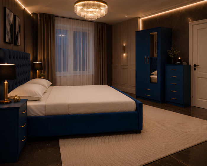 Luxury King Size Bed Furniture Collection - Two Door Mirror Wardrobe With Bottom Drawer - Chest of Five Drawers - Bedside Table Pair
