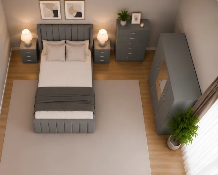 Modern Bedroom Furniture Set - King Size Bed - 4 Door Mirror Wardrobe With Bottom Drawers - Five Drawer Chest - Two Bedside Tables