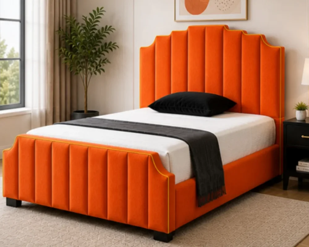 Bold Tangerine Bed Luxury Sunset Orange Arizona King Size Velvet Bed with Tall Headboard-king Bed with Mattress - Image 1