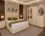 Complete Luxury Bedroom Furniture Set – King Size Bed with Three Door Wardrobe, Two Half Mirrors, Two Bottom Drawers & Chest of Five Drawers