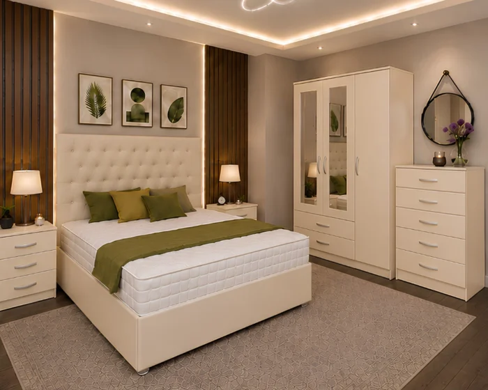 Complete Luxury Bedroom Furniture Set – King Size Bed with Three Door Wardrobe, Two Half Mirrors, Two Bottom Drawers & Chest of Five Drawers