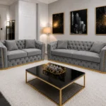 Luxury Grey 3+2 Seater Chesterfield Sofa Set with Gold Trim