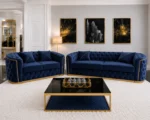 Luxury Blue 3+2 Seater Chesterfield Sofa Set with Gold Trim - Image 4