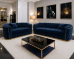 Luxury Blue 3+2 Seater Chesterfield Sofa Set with Gold Trim - Image 3