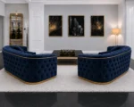 Luxury Blue 3+2 Seater Chesterfield Sofa Set with Gold Trim - Image 5
