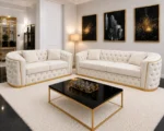 Luxury Off White 3+2 Seater Chesterfield Sofa Set with Gold Trim - Image 2