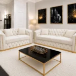 Luxury Off White 3+2 Seater Chesterfield Sofa Set with Gold Trim