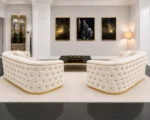 Luxury Off White 3+2 Seater Chesterfield Sofa Set with Gold Trim - Image 5