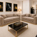 Madrid 5 Seater Chesterfield Sofa Set – Luxury Taupe Velvet 3+2 Seater Sofa with Gold Trim