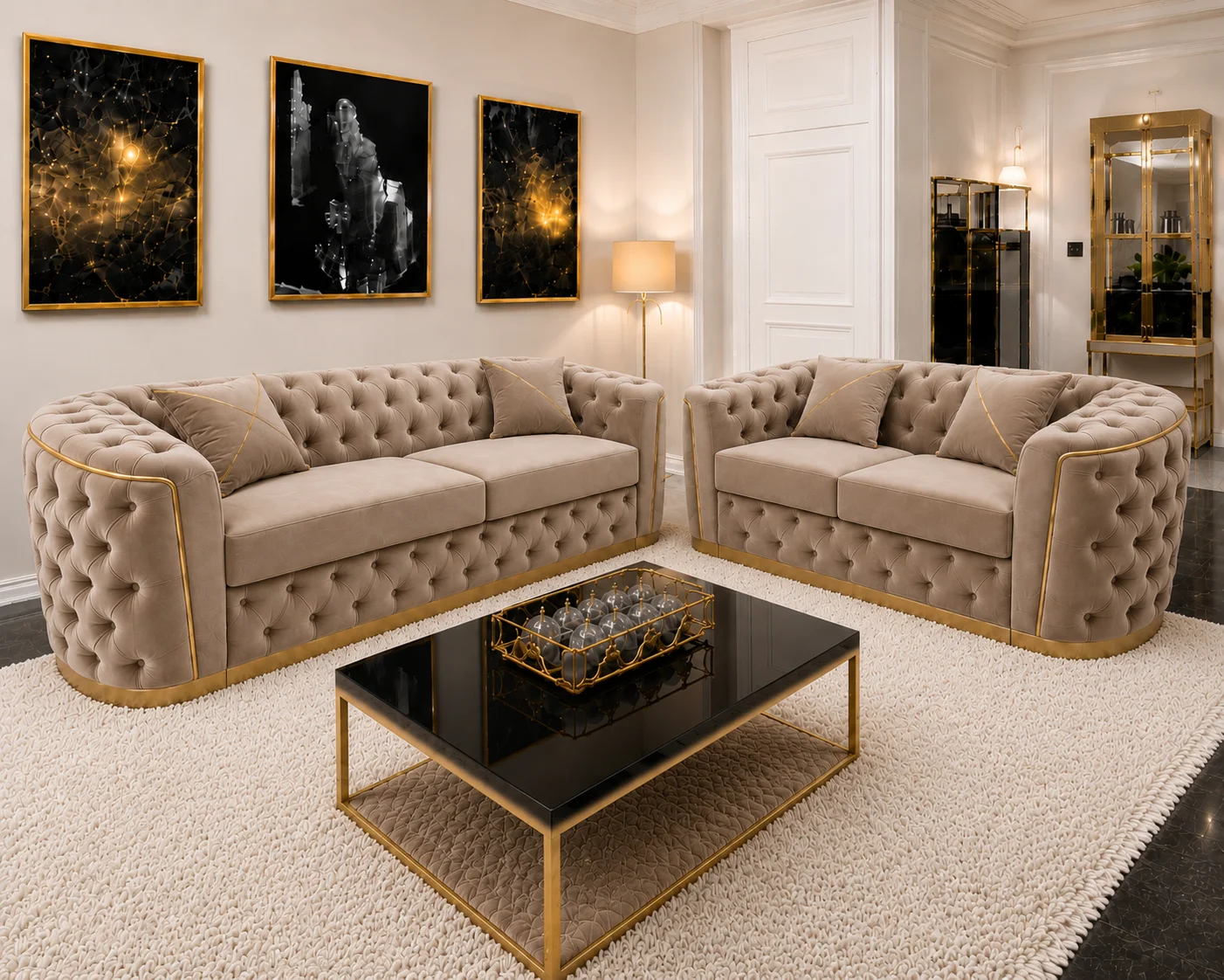 ChatGPT Image Jul 17, 2026, 02_23_35 PM Madrid 5 Seater Chesterfield Sofa Set – Luxury Taupe Velvet 3+2 Seater Sofa with Gold Trim - Image 1