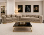 Madrid 5 Seater Chesterfield Sofa Set – Luxury Taupe Velvet 3+2 Seater Sofa with Gold Trim - Image 4