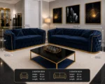 Luxury Blue 3+2 Seater Chesterfield Sofa Set with Gold Trim - Image 6