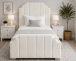 Arizona Luxury Off-White Upholstered Single Bed Frame (3ft) with Vertical Panel Headboard-Ariozna Bed with Mattress-Single Bed (90*190cm)