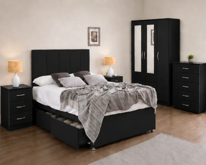 Elegant Black King Size Bedroom Furniture - 3 Door Wardrobe With Four Drawer - Chest of Five Drawers With Two Bed Side Table