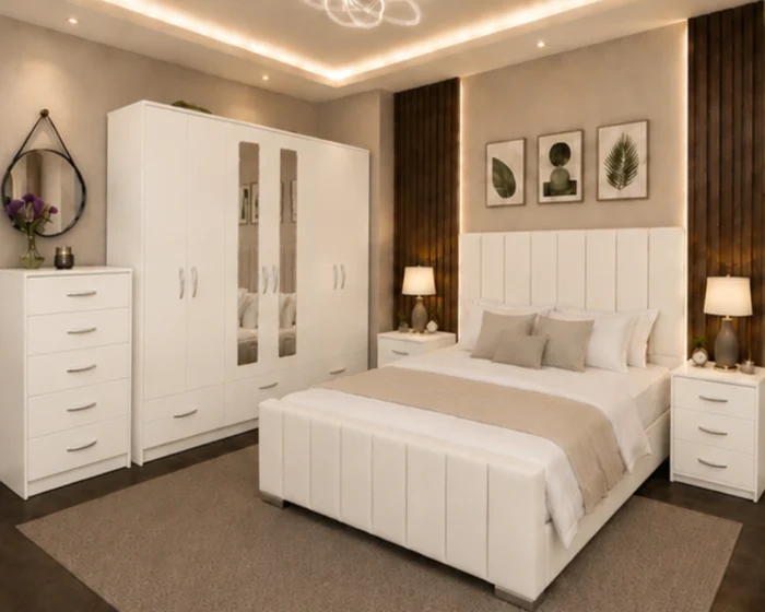 King Size Bed Furniture Set - Six Door Wardrobe With Four Drawer - Chest of Five Drawers With Two Bed Side Table