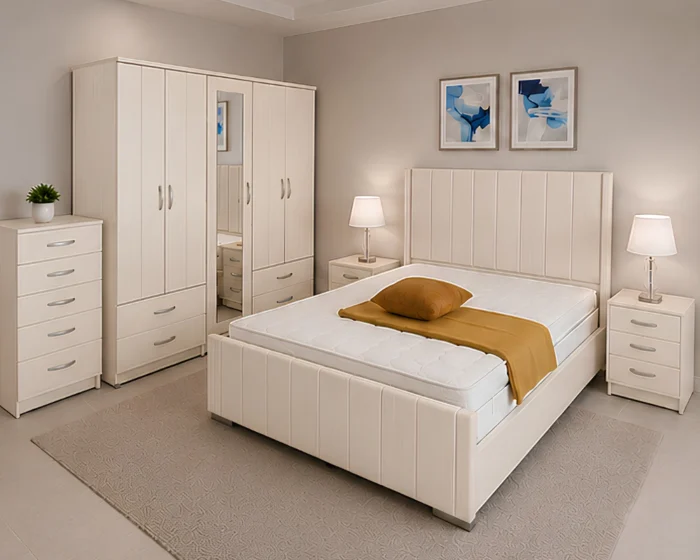 Wooden King Size Bed Furniture Set - Four Door Wardrobe With Four Drawer - Chest of Five Drawers With Two Bed Side Table