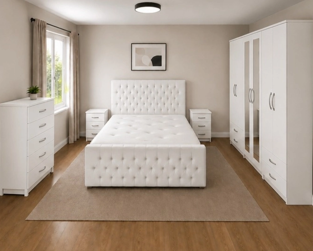 Compact White Bedside Table with Multiple Drawers and Contemporary Design Complete King Size Bedroom Furniture Set - Six Door Wardrobe With Four Drawer - Chest of Five Drawers With Two Bed Side Table - Image 1