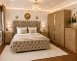 Wooden King Bed Furniture Set With Five Door Wardrobe With One Long Mirror - Chest of Five Drawers With Two Bed Side Table - Image 2
