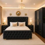 Designer Wooden King Bedroom Furniture With Five Door Wardrobe With One Long Mirror - Chest of Five Drawers With Two Bed Side Table