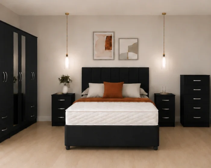 Premium Bedroom Furniture Collection – King Size Bed with Storage – Mirrored Wardrobe – 5 Drawer Chest – Bedside Units