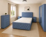Premium King Size Bed Bedroom Set - Five Door Wardrobe With One Mirror And Four Bottom Drawers - Chest of Five Drawers With Two Bed Side Tables