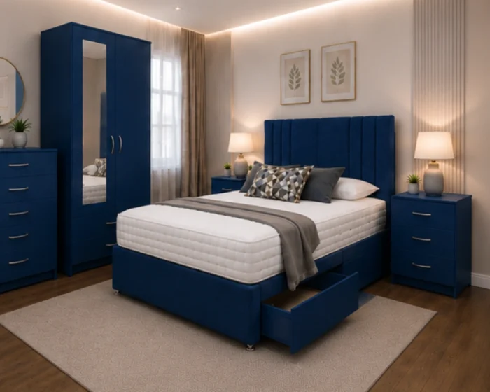 King Size Bed Room Set - 2 Door Mirror Wardrobe With Storage Drawer - Five Drawer Chest - Two Bedside Tables