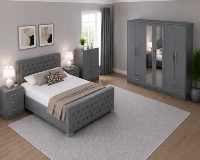 Modern King Bed Set with Four Door Wardrobe With Four Drawer - Chest of Five Drawers With Two Bed Side Table